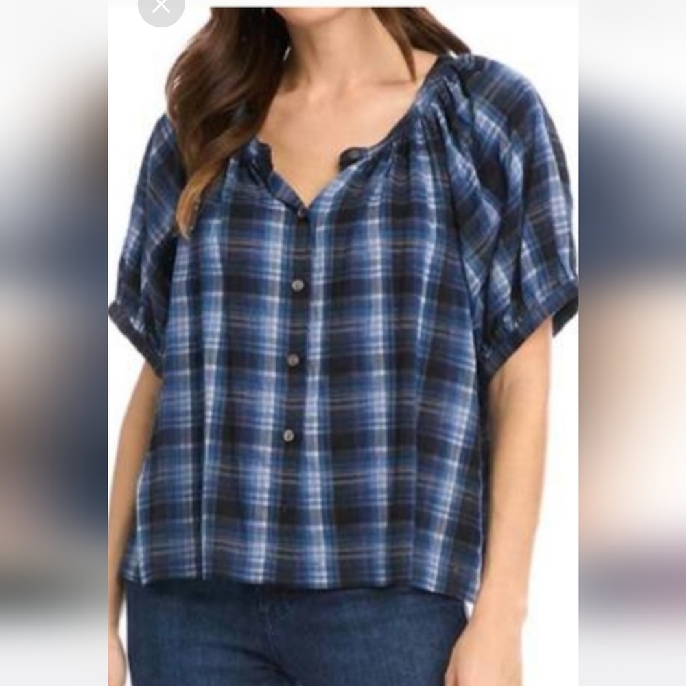 NWT! KAREN KANE Navy and White Plaid PEASANT STYLE blouse